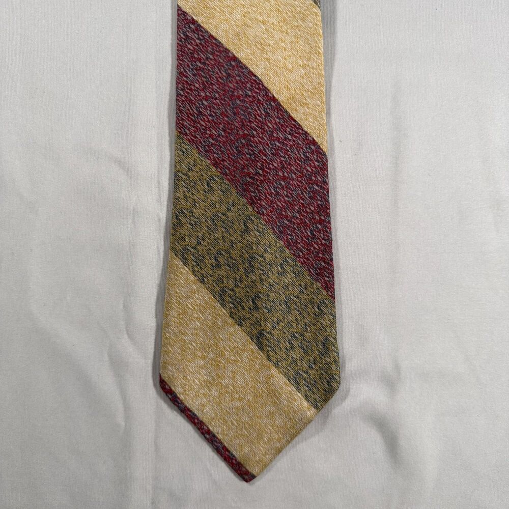 Vintage 70s Dacron Polyester Gold Burgundy Olive Stripe Tie 4" Wide Kipper Tie